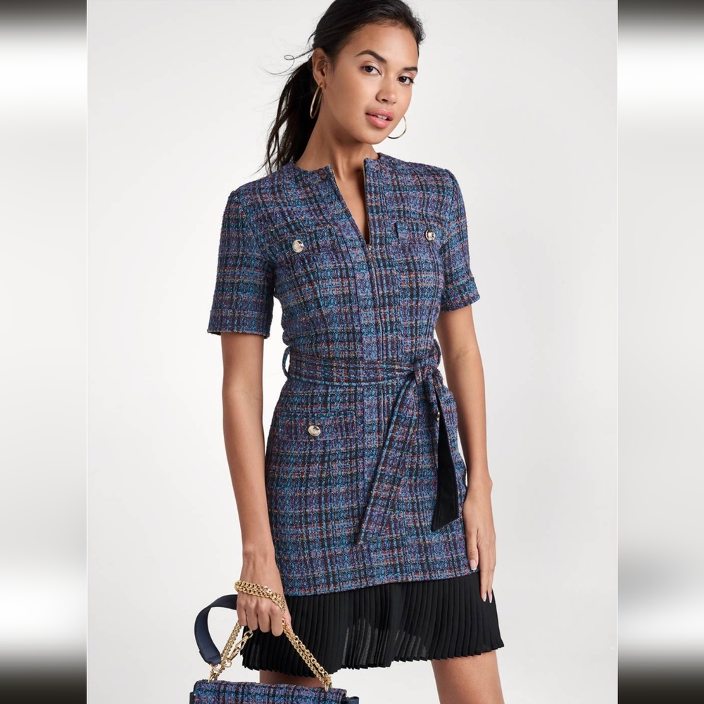 SOLD - Belted Tweed fabric with sheer pleated bottom dress